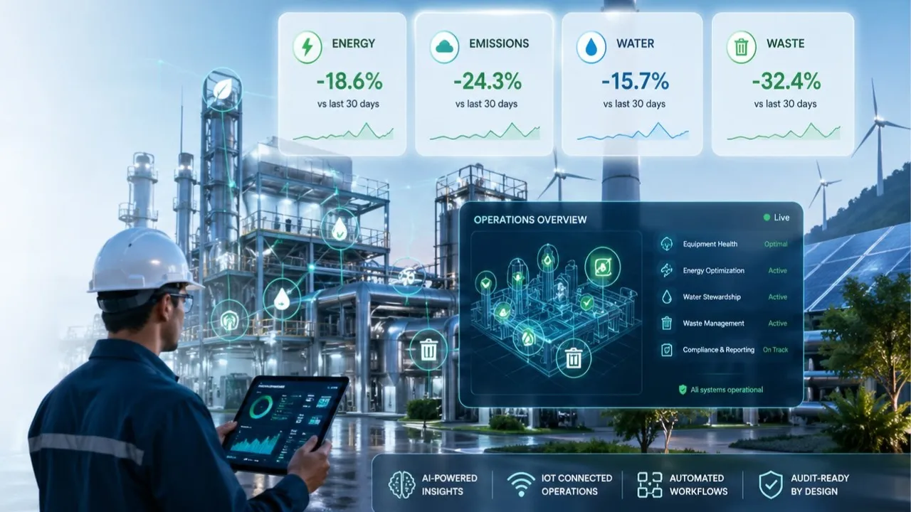 PETRAN operational sustainability dashboard showing real-time energy consumption, CO₂e emissions tracking, water usage analytics, and AI anomaly alerts across a multi-site industrial operation - ISO 50001 and GHG Protocol aligned