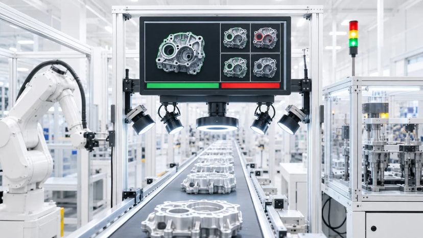 AI vision system inspecting metal parts on an automated manufacturing production line.