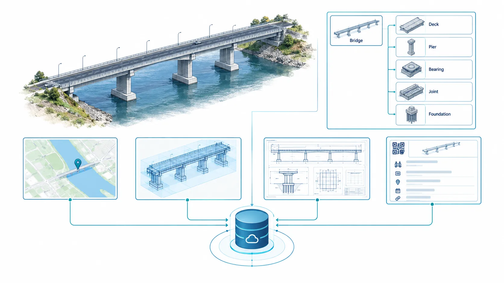 Scientific engineering illustration showing digital onboarding of infrastructure assets into a structured component hierarchy with GIS maps and BIM models.