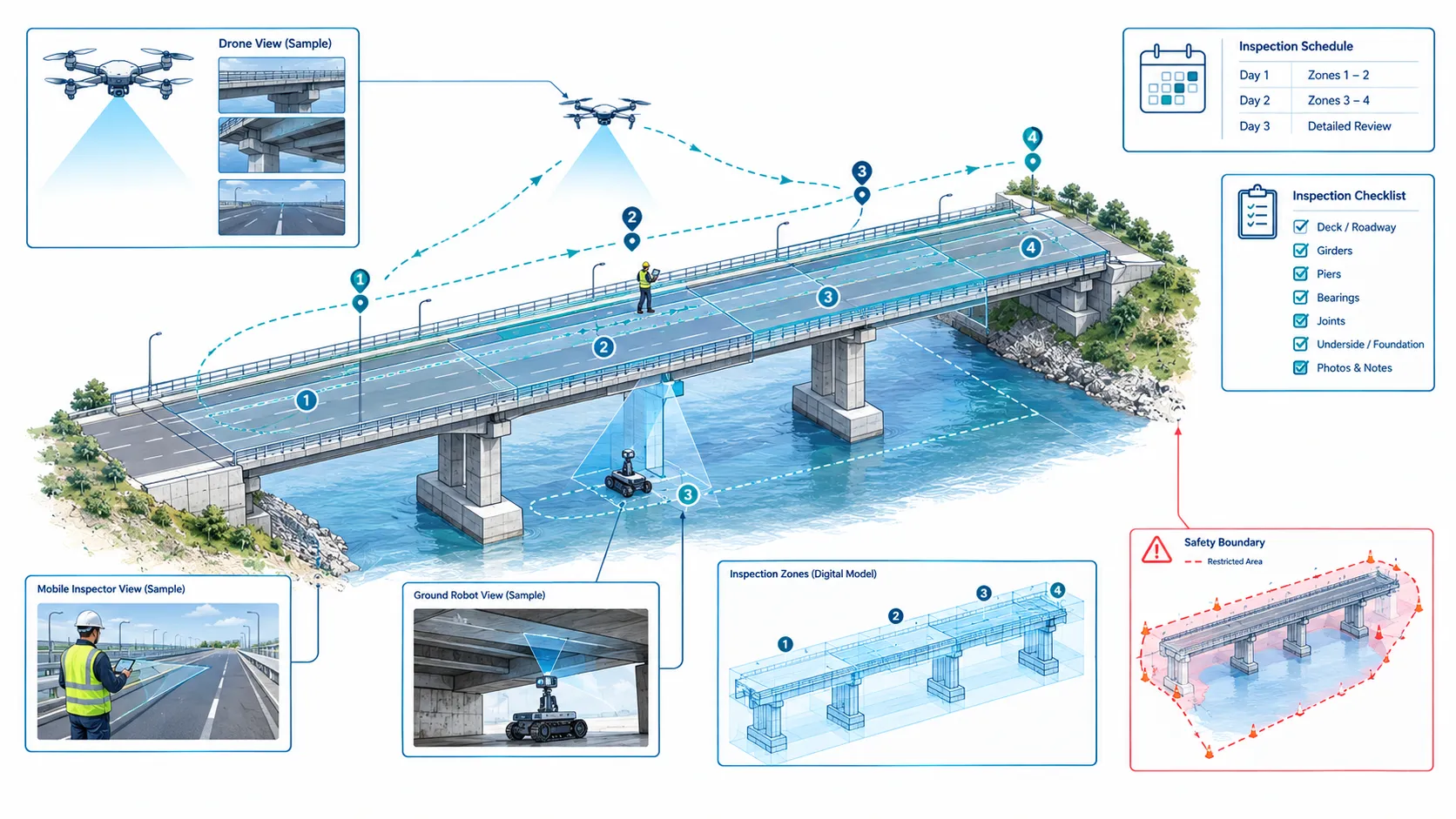 Scientific technical illustration of infrastructure inspection planning with numbered zones, repeatable drone routes, robot paths, and safety boundaries.