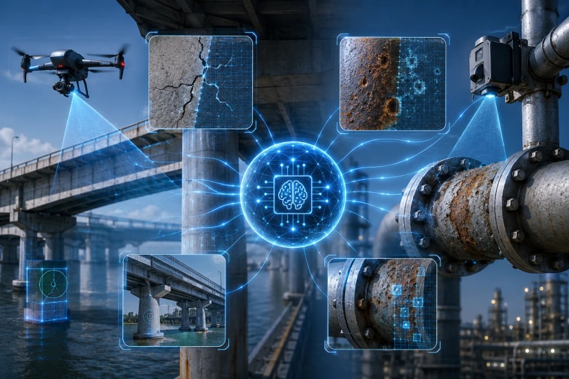 Engineer inspecting a rusty pipe in an industrial setting, demonstrating real-world infrastructure inspection use case.